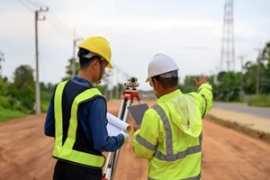 surveyor engineer two people checking level of soil with Telescope equipment to measure leveling for cut and fill at the highway road construction site