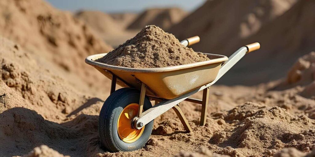 wheelbarrow filled with sand in a construction side