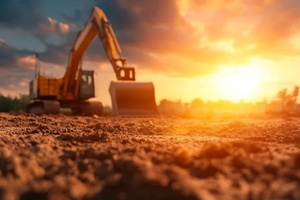 construction site at sunset featuring a digger