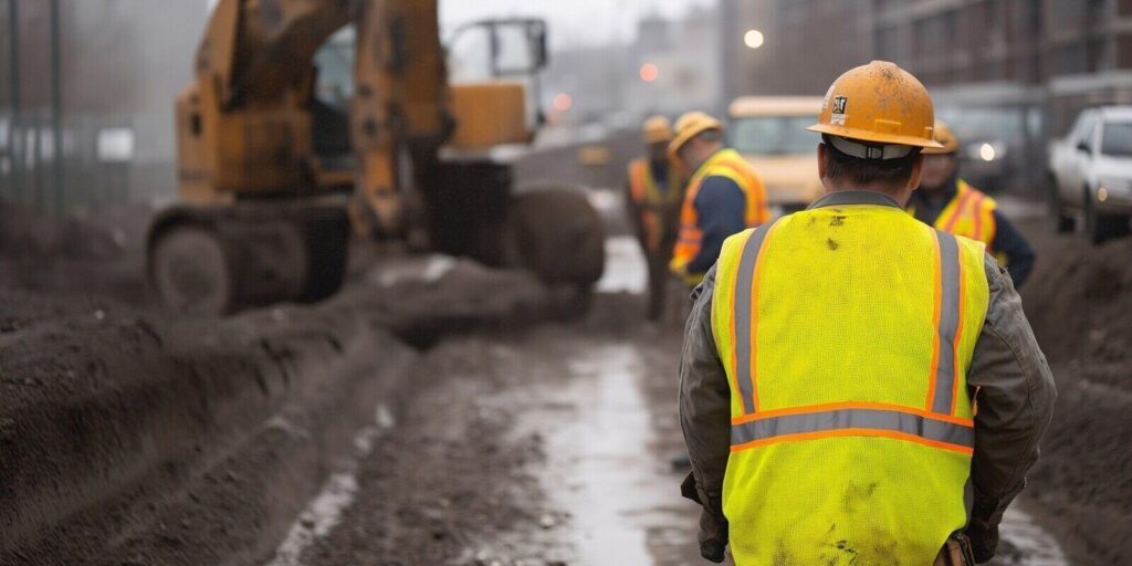 group of construction workers in high visibility vests oversee an excavator digging a trench on a city street