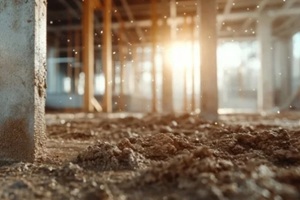 blurred lines between construction and nature are exhibited in this image showcasing a construction area filled with soil and emerging sunlight from beams of structure