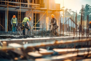 team of the construction workers works on foundation of contemporary house