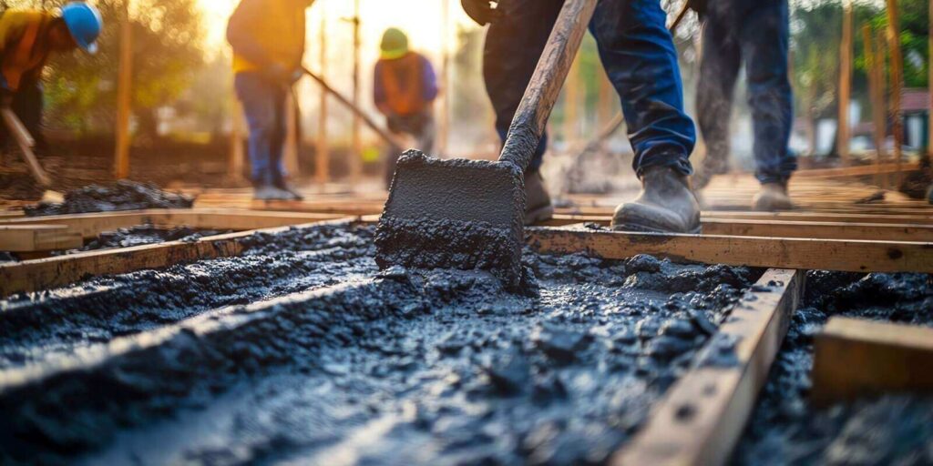 team of workers pouring concrete for a foundation, ensuring a strong base for the structure