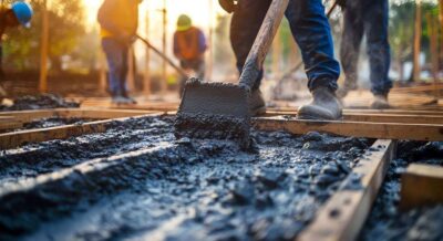 team of workers pouring concrete for a foundation, ensuring a strong base for the structure