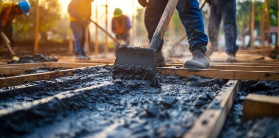 team of workers pouring concrete for a foundation, ensuring a strong base for the structure