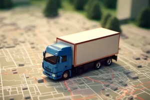 truck on a road city map