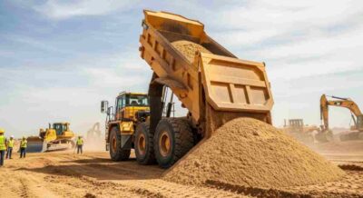Dump Truck Unloading Fill Dirt to Raise Site Above Flood Levels in Lakeland, FL