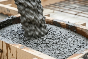 Pouring Concrete into Wooden Formwork for Construction