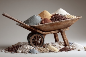 Wheelbarrow Filled with White Sand Aggregate and Other Construction Materials