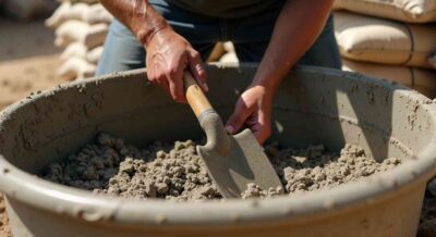 Worker Mixing Fine White Sand Cement and Aggregate in SW Florida