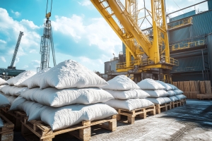 Pallets of Pure White Sand and A Towering Yellow Crane