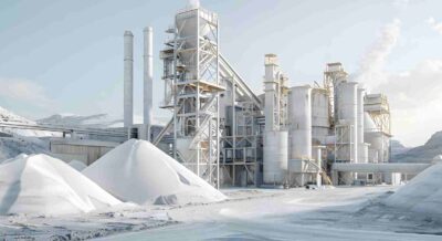 Construction Material Production Line Surrounded by Fine White Sand Piles