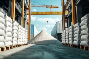 Industrial Plant Showcasing White Sand Pile and Bulk Bags